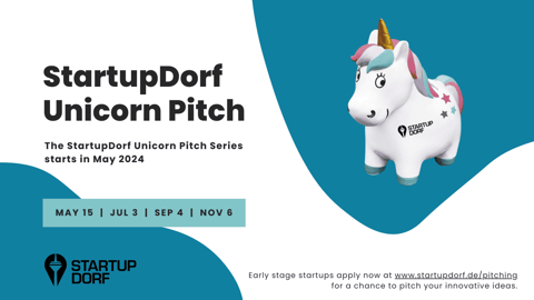 Hinweis Tafel für den Unicorn Pitch im Jahr 2024 und 2025 mit Einhorn Abbildung, dem Logo von StartupDorf und der textuellen Darstellung der Pitch-Termine am 15. Mai, 3. Juli, 4. September und 6. November und der Aufforderung für Startups sich online via www.startupdorf.de/pitching zu bewerben.