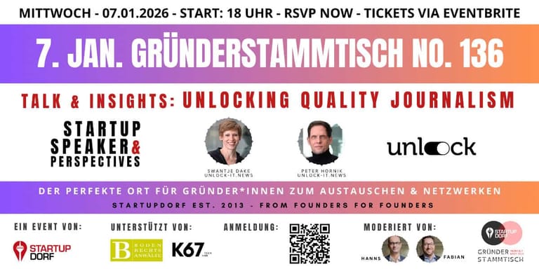 Gründerstammtisch No. 136 am 7. Januar 2026 mit Peter Honik, Swantje Dake, Fabian Braun und Hanns Tappen