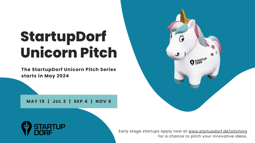 Hinweis Tafel für den Unicorn Pitch im Jahr 2024 und 2025 mit Einhorn Abbildung, dem Logo von StartupDorf und der textuellen Darstellung der Pitch-Termine am 15. Mai, 3. Juli, 4. September und 6. November und der Aufforderung für Startups sich online via www.startupdorf.de/pitching zu bewerben.